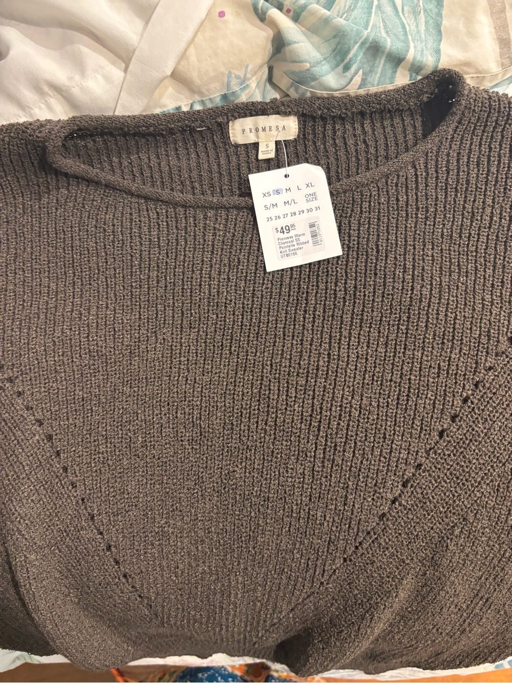 Promesa Women's Warm Charcoal Grey Pointelle Ribbed Knit Sweater